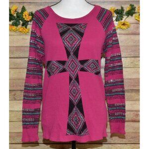 VOCAL Women's M Embellished Cross Waffle Knit Long Sleeve Thermal Biker Top